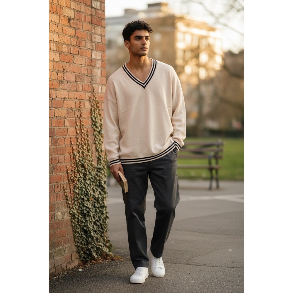 LILLUSORY Mens Cream Striped V-Neck Preppy Oversized Knit Sweater Size L NWT